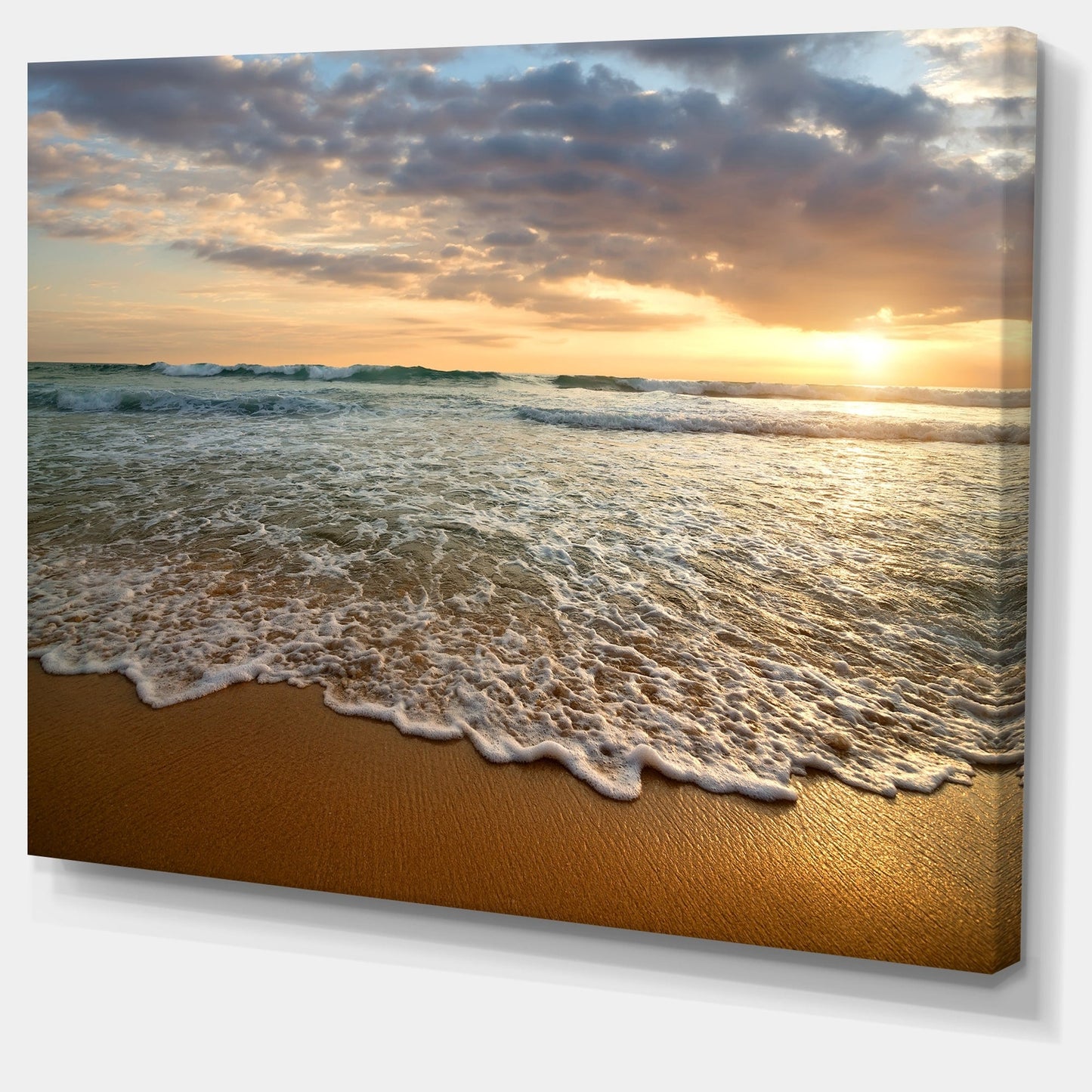 Coucher de soleil nuageux lumineux sur un océan calme - Tableau contemporain de paysage marin sur toile