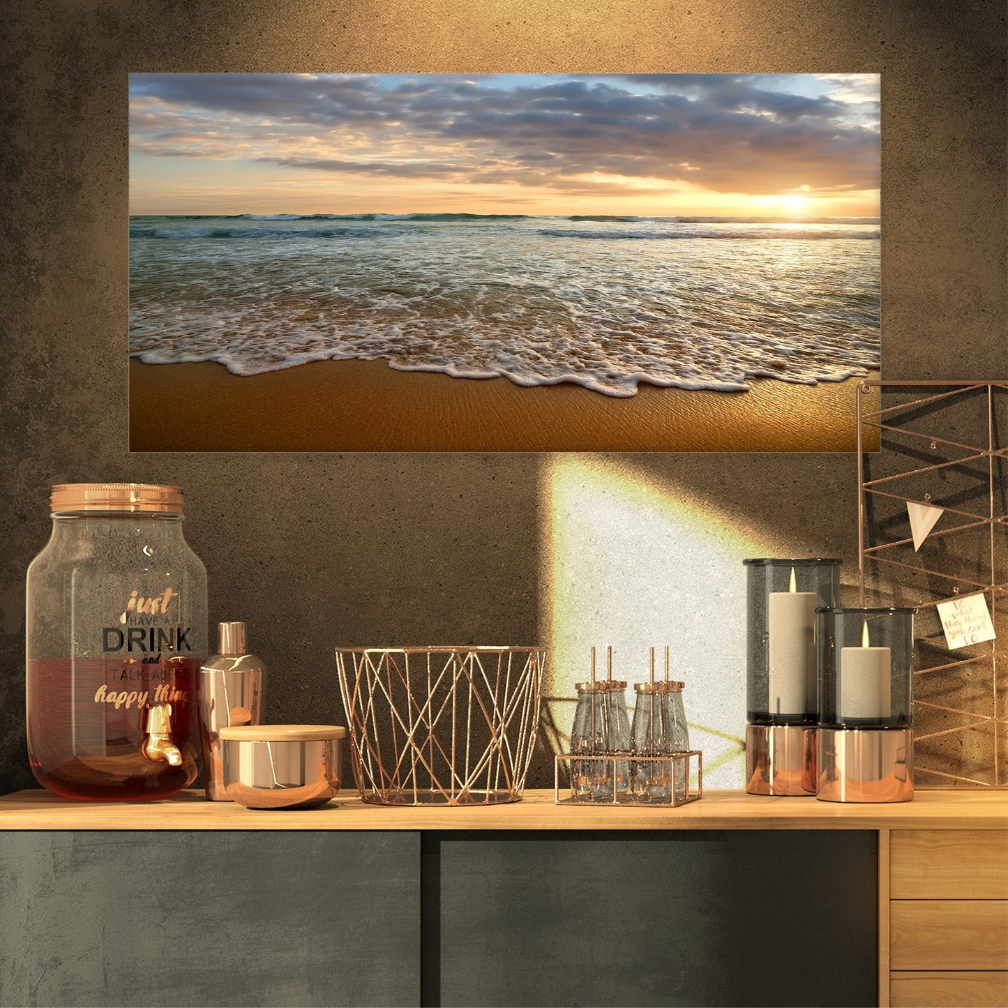Coucher de soleil nuageux lumineux sur un océan calme - Tableau contemporain de paysage marin sur toile