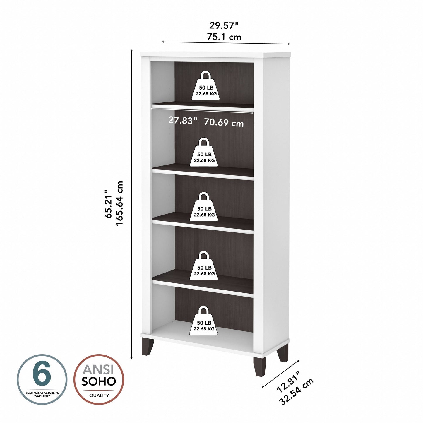 Étagère à livres Bush Furniture Somerset, 5 niveaux, avec étagères réglables