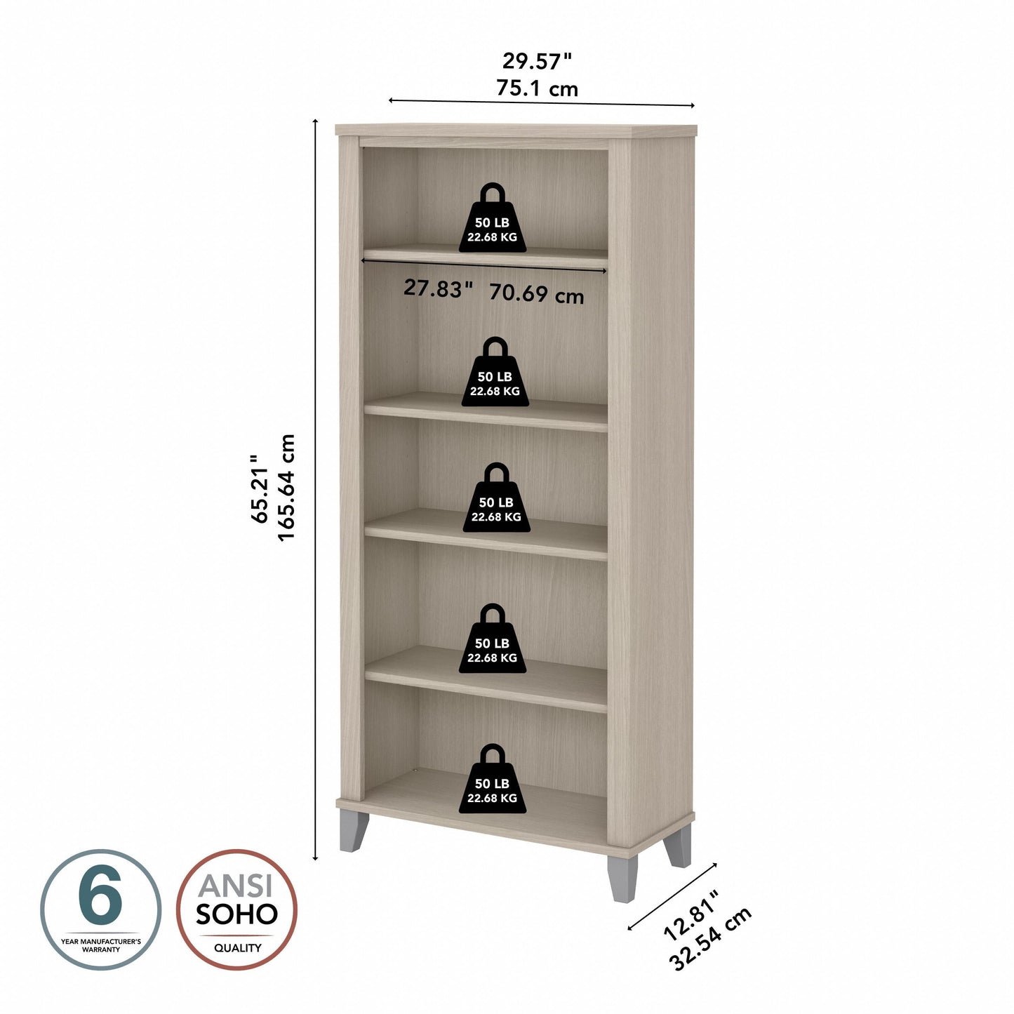Étagère à livres Bush Furniture Somerset, 5 niveaux, avec étagères réglables