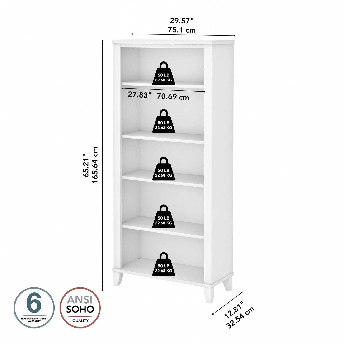 Étagère à livres Bush Furniture Somerset, 5 niveaux, avec étagères réglables