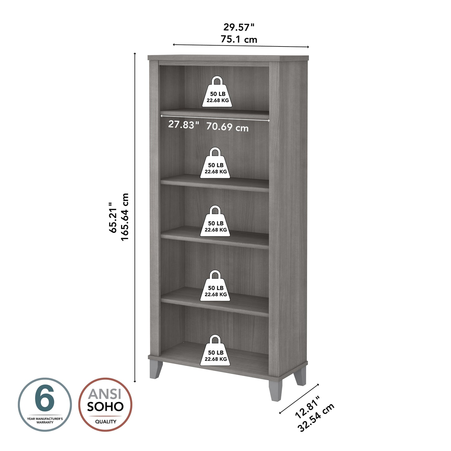 Étagère à livres Bush Furniture Somerset, 5 niveaux, avec étagères réglables