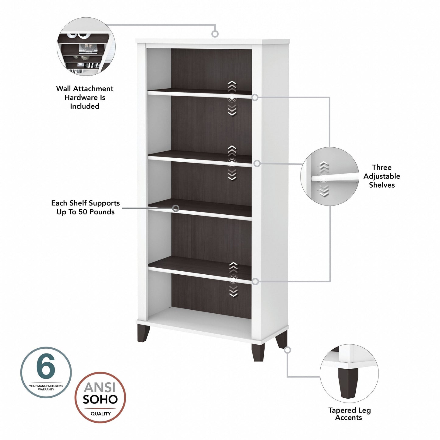 Étagère à livres Bush Furniture Somerset, 5 niveaux, avec étagères réglables