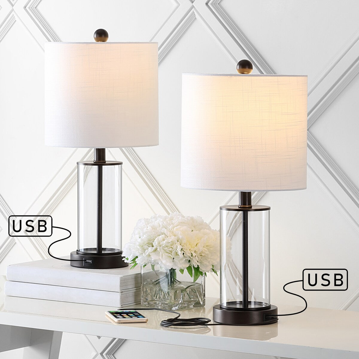Lampe de table LED Cabell 21 en verre, moderne et contemporaine, avec port de charge USB, bronze vieilli (lot de 2) par JONATHAN Y