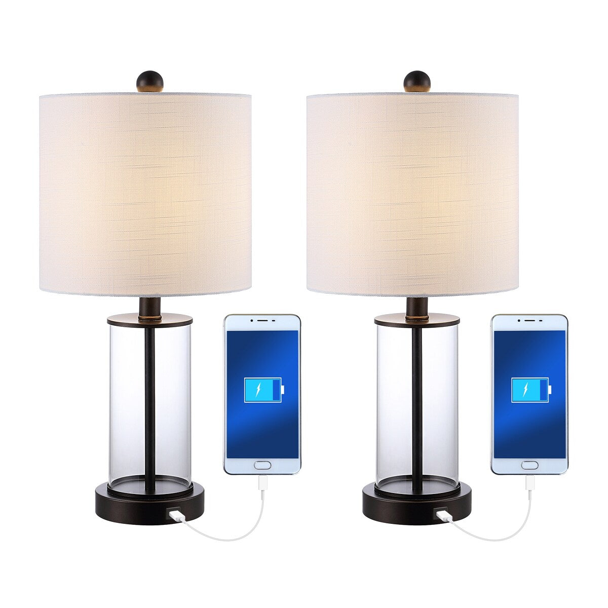 Lampe de table LED Cabell 21 en verre, moderne et contemporaine, avec port de charge USB, bronze vieilli (lot de 2) par JONATHAN Y