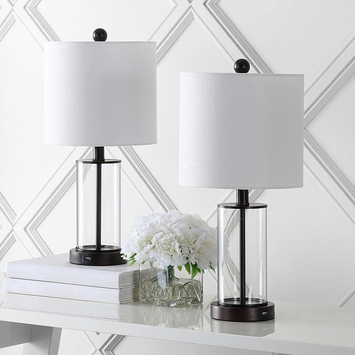 Lampe de table LED Cabell 21 en verre, moderne et contemporaine, avec port de charge USB, bronze vieilli (lot de 2) par JONATHAN Y