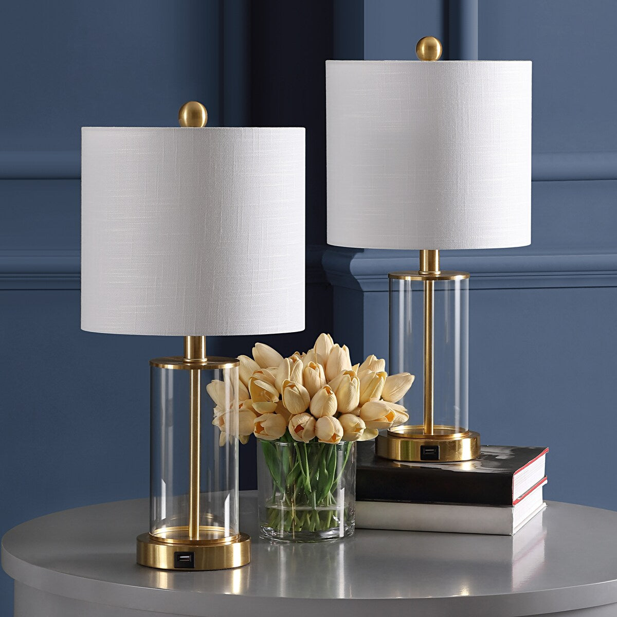 Lampe de table LED Cabell 21 en verre, moderne et contemporaine, avec port de charge USB, bronze vieilli (lot de 2) par JONATHAN Y