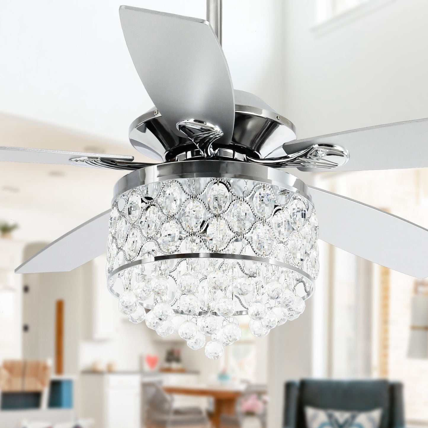 Luminaire suspendu/ventilateur de plafond à 4 lumières en chrome et cristal avec télécommande