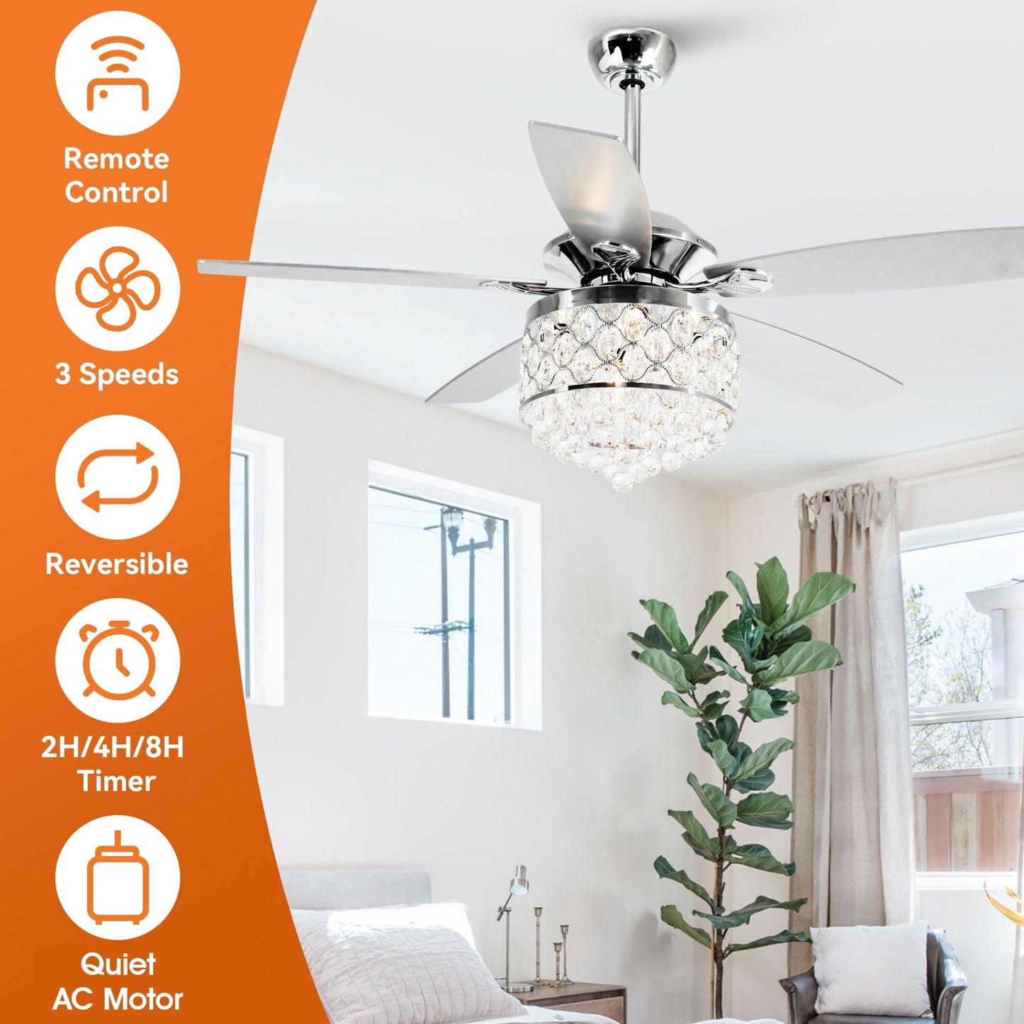 Luminaire suspendu/ventilateur de plafond à 4 lumières en chrome et cristal avec télécommande