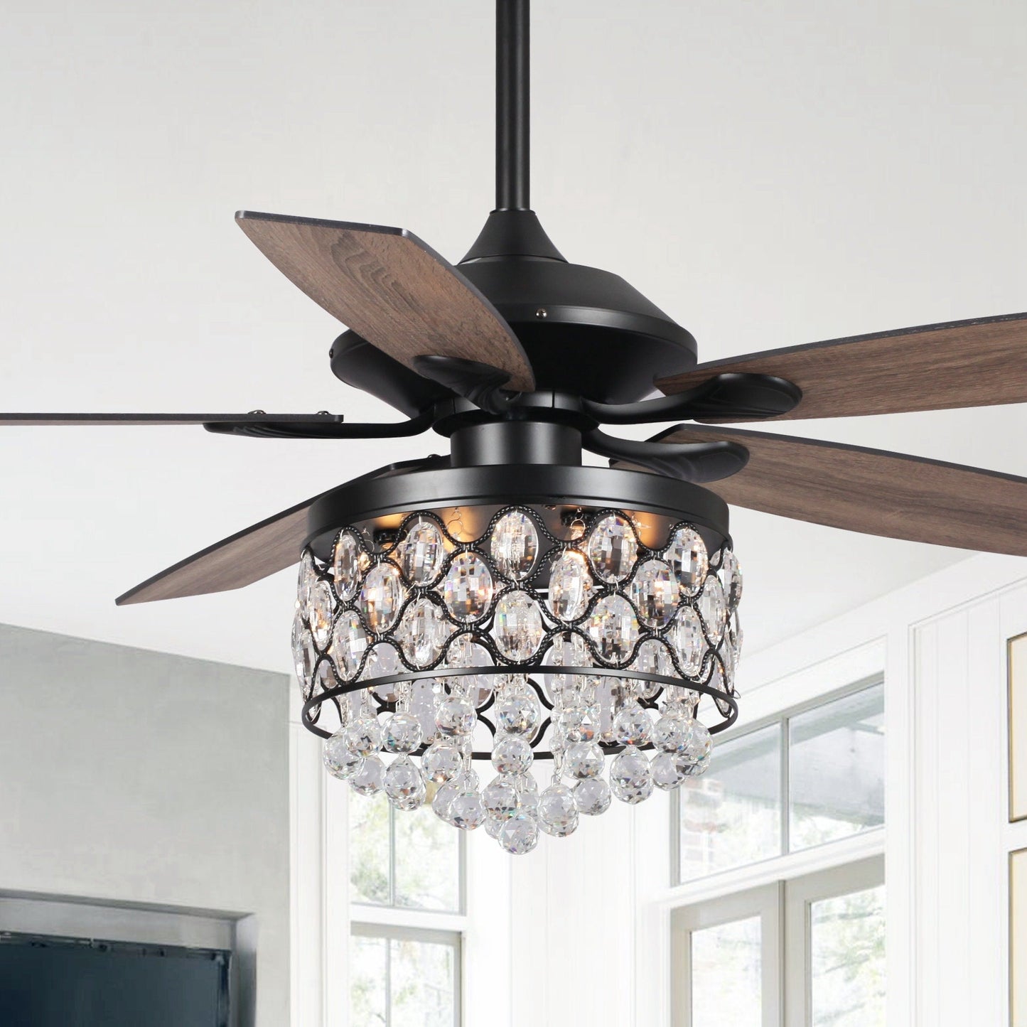 Luminaire suspendu/ventilateur de plafond à 4 lumières en chrome et cristal avec télécommande