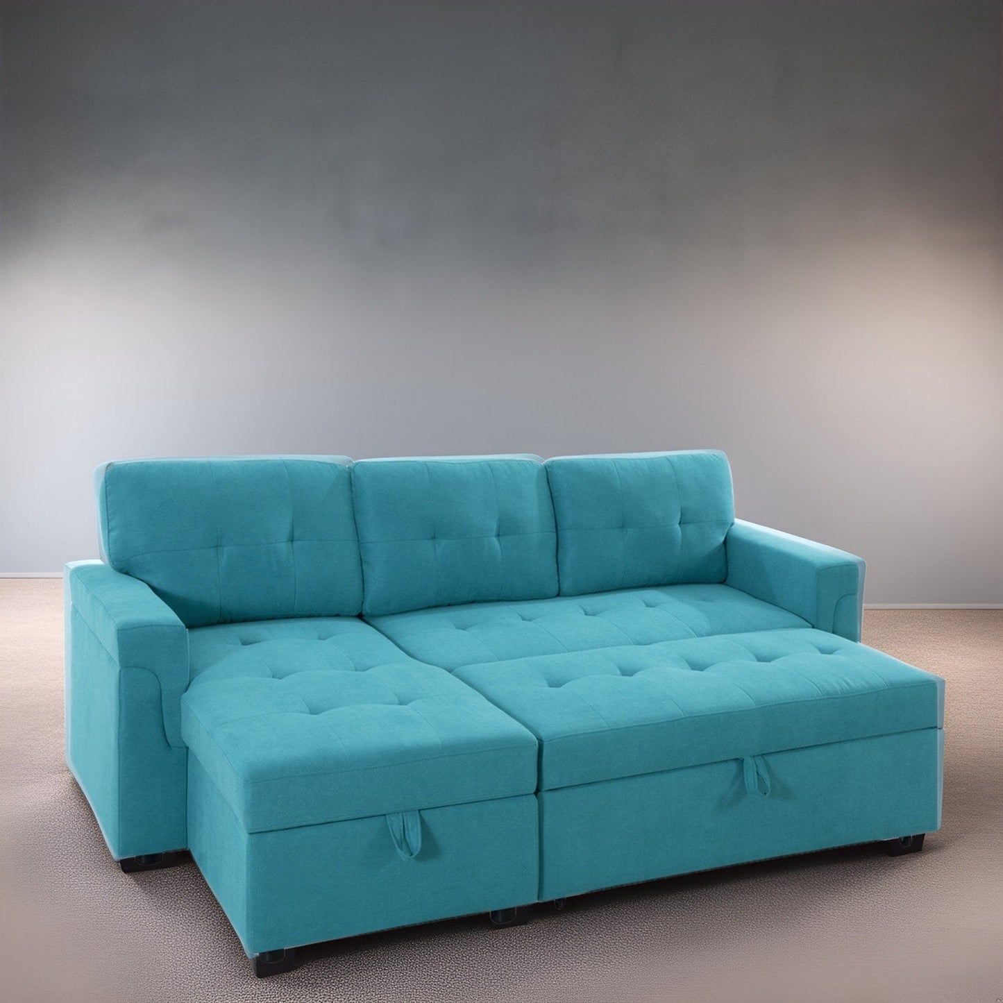 Canapé d'angle convertible et réversible avec lit escamotable, chaise longue avec rangement intégré et pieds robustes.