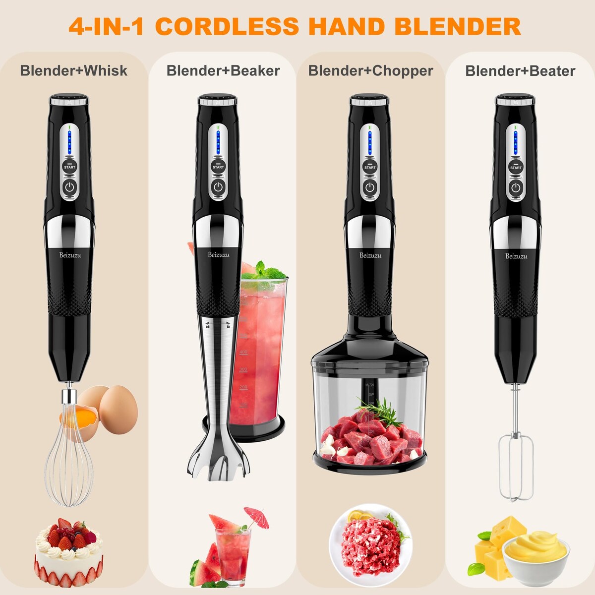 Mixeur à main sans fil : Mixeur plongeant rechargeable USB 4-en-1, 21 vitesses variables et réglable à 3 angles avec hachoir de 700 ml