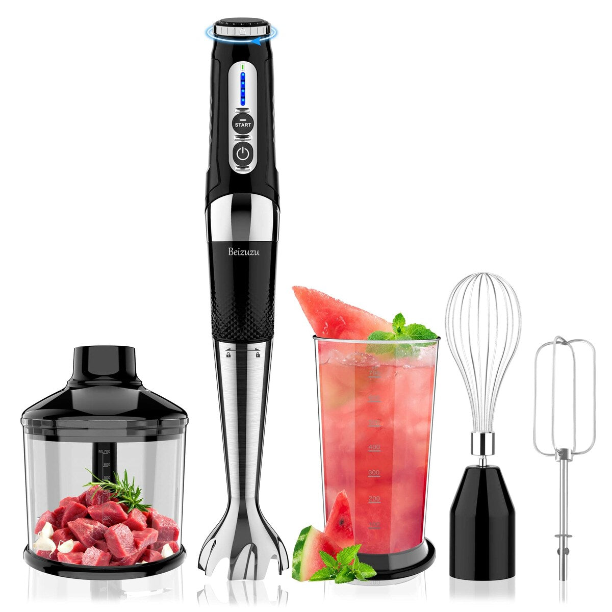 Mixeur à main sans fil : Mixeur plongeant rechargeable USB 4-en-1, 21 vitesses variables et réglable à 3 angles avec hachoir de 700 ml
