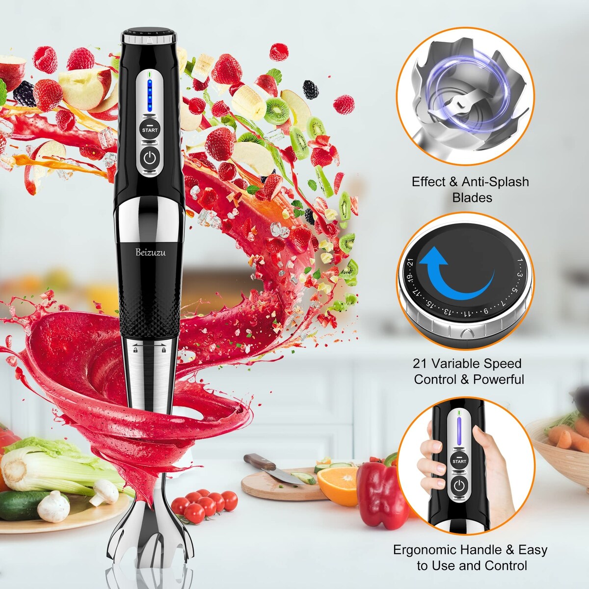 Mixeur à main sans fil : Mixeur plongeant rechargeable USB 4-en-1, 21 vitesses variables et réglable à 3 angles avec hachoir de 700 ml