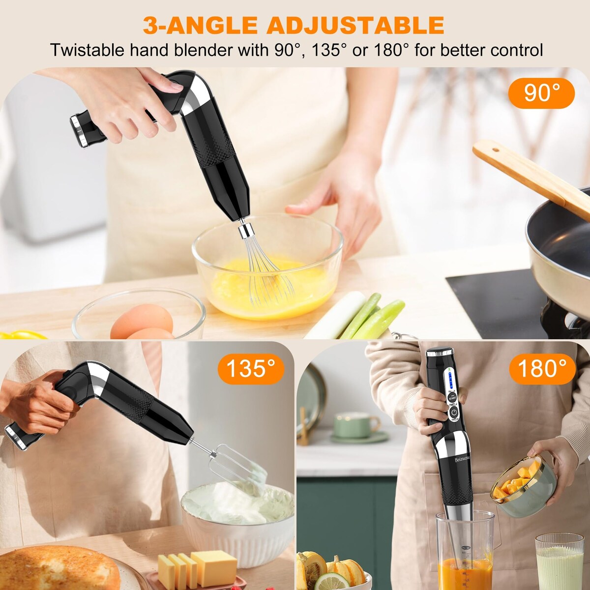 Mixeur à main sans fil : Mixeur plongeant rechargeable USB 4-en-1, 21 vitesses variables et réglable à 3 angles avec hachoir de 700 ml