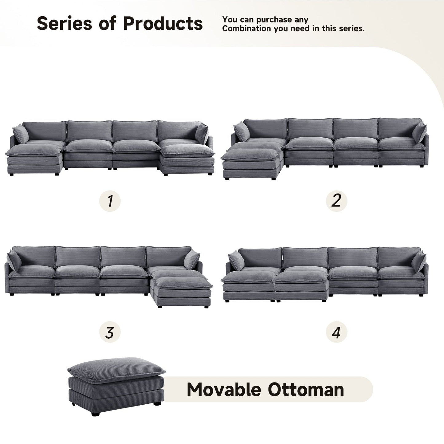 Canapé d'angle en velours côtelé avec ottomans amovibles et coussins ultra-doux pour le salon et la chambre à coucher