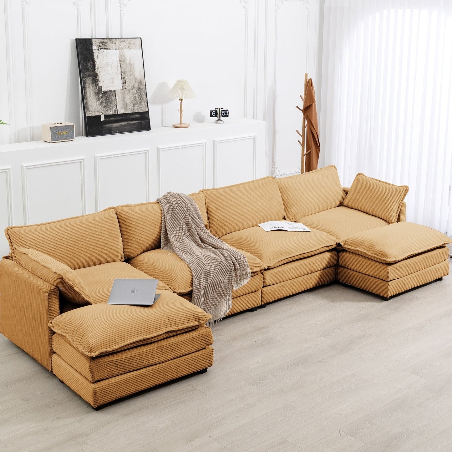 Canapé d'angle en velours côtelé avec ottomans amovibles et coussins ultra-doux pour le salon et la chambre à coucher