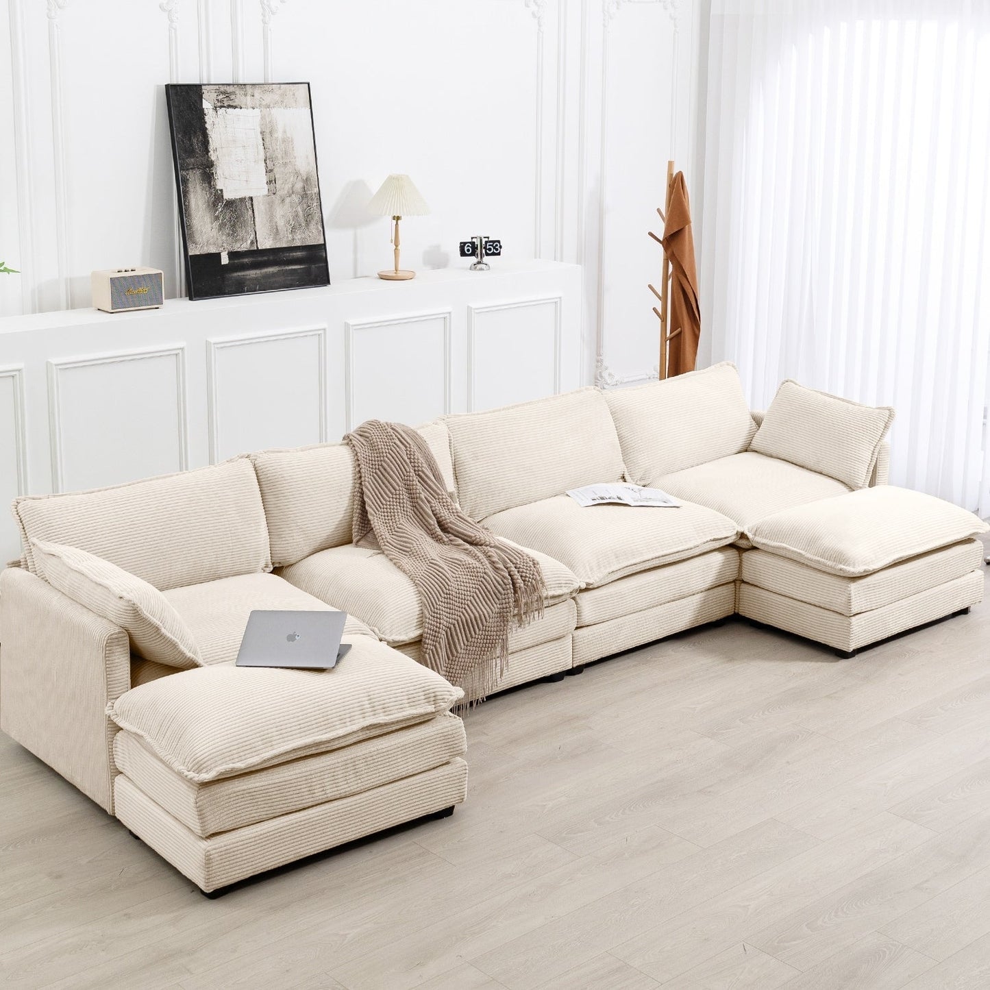 Canapé d'angle en velours côtelé avec ottomans amovibles et coussins ultra-doux pour le salon et la chambre à coucher