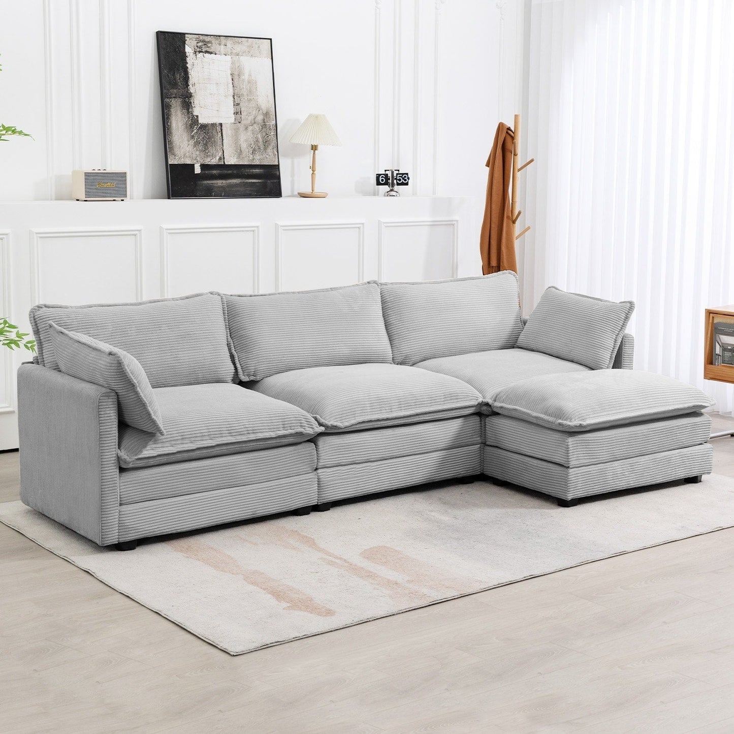 Canapé d'angle en velours côtelé avec ottomans amovibles et coussins ultra-doux pour le salon et la chambre à coucher