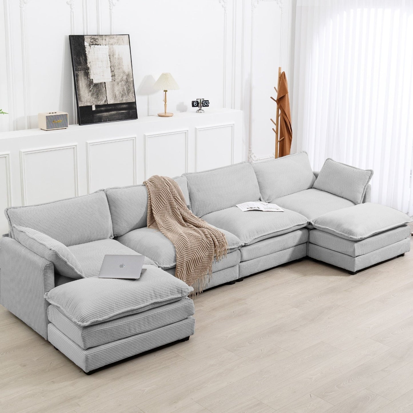 Canapé d'angle en velours côtelé avec ottomans amovibles et coussins ultra-doux pour le salon et la chambre à coucher