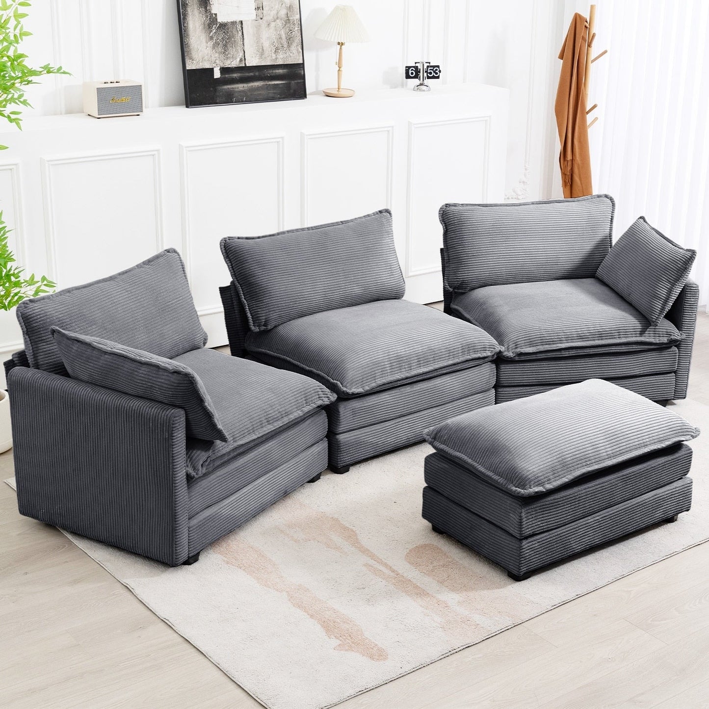 Canapé d'angle en velours côtelé avec ottomans amovibles et coussins ultra-doux pour le salon et la chambre à coucher