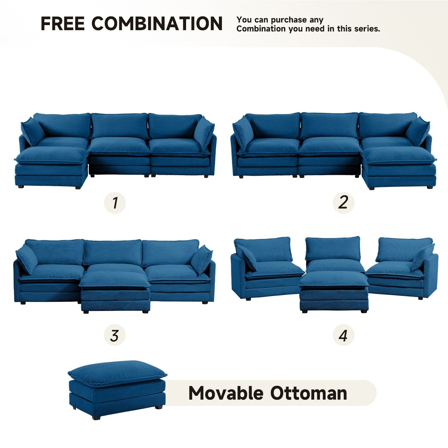 Canapé d'angle en velours côtelé avec ottomans amovibles et coussins ultra-doux pour le salon et la chambre à coucher