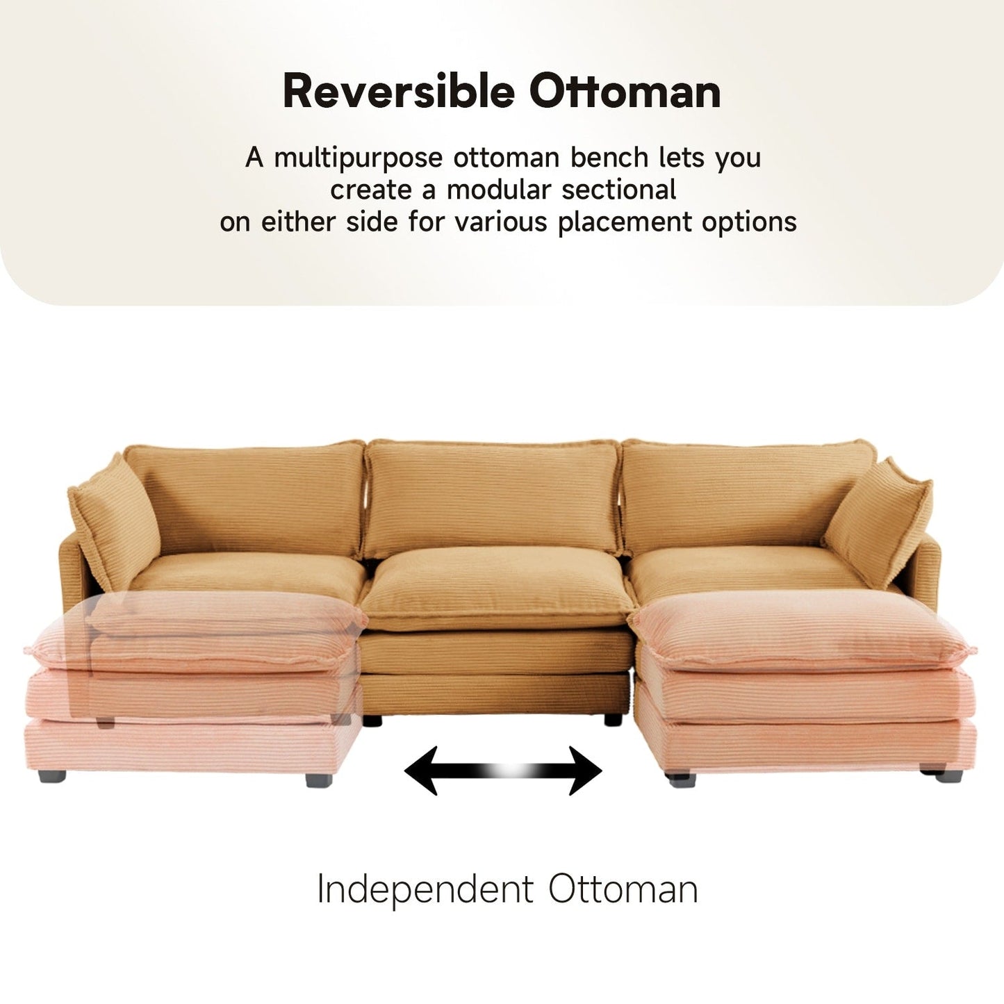 Canapé d'angle en velours côtelé avec ottomans amovibles et coussins ultra-doux pour le salon et la chambre à coucher