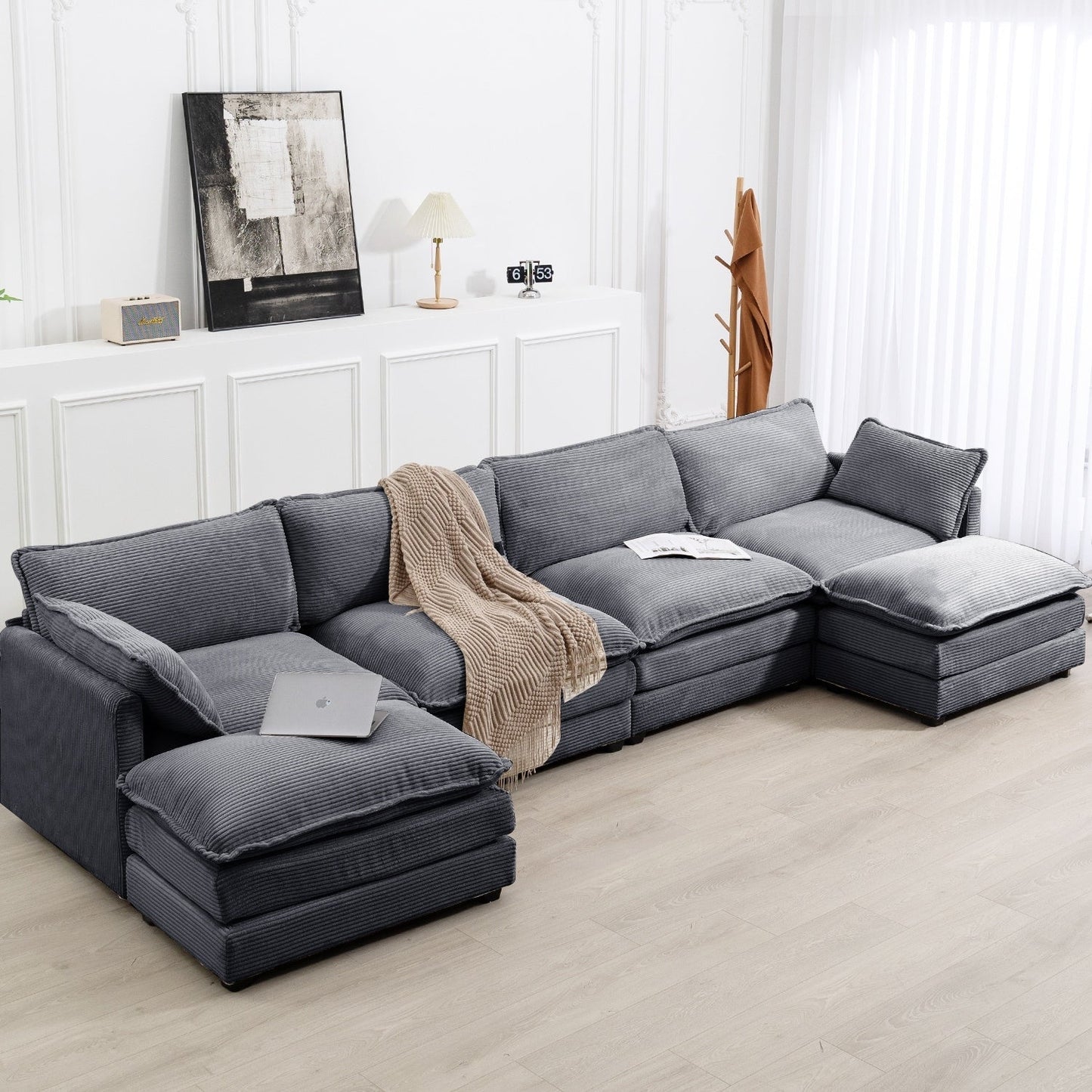 Canapé d'angle en velours côtelé avec ottomans amovibles et coussins ultra-doux pour le salon et la chambre à coucher