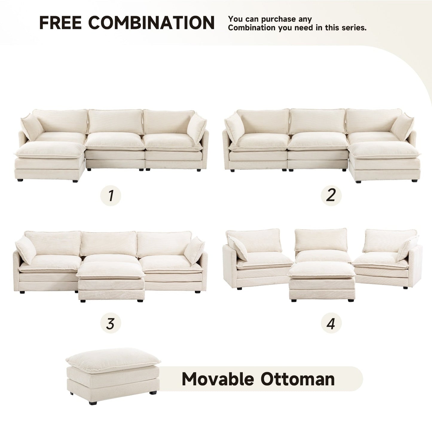 Canapé d'angle en velours côtelé avec ottomans amovibles et coussins ultra-doux pour le salon et la chambre à coucher