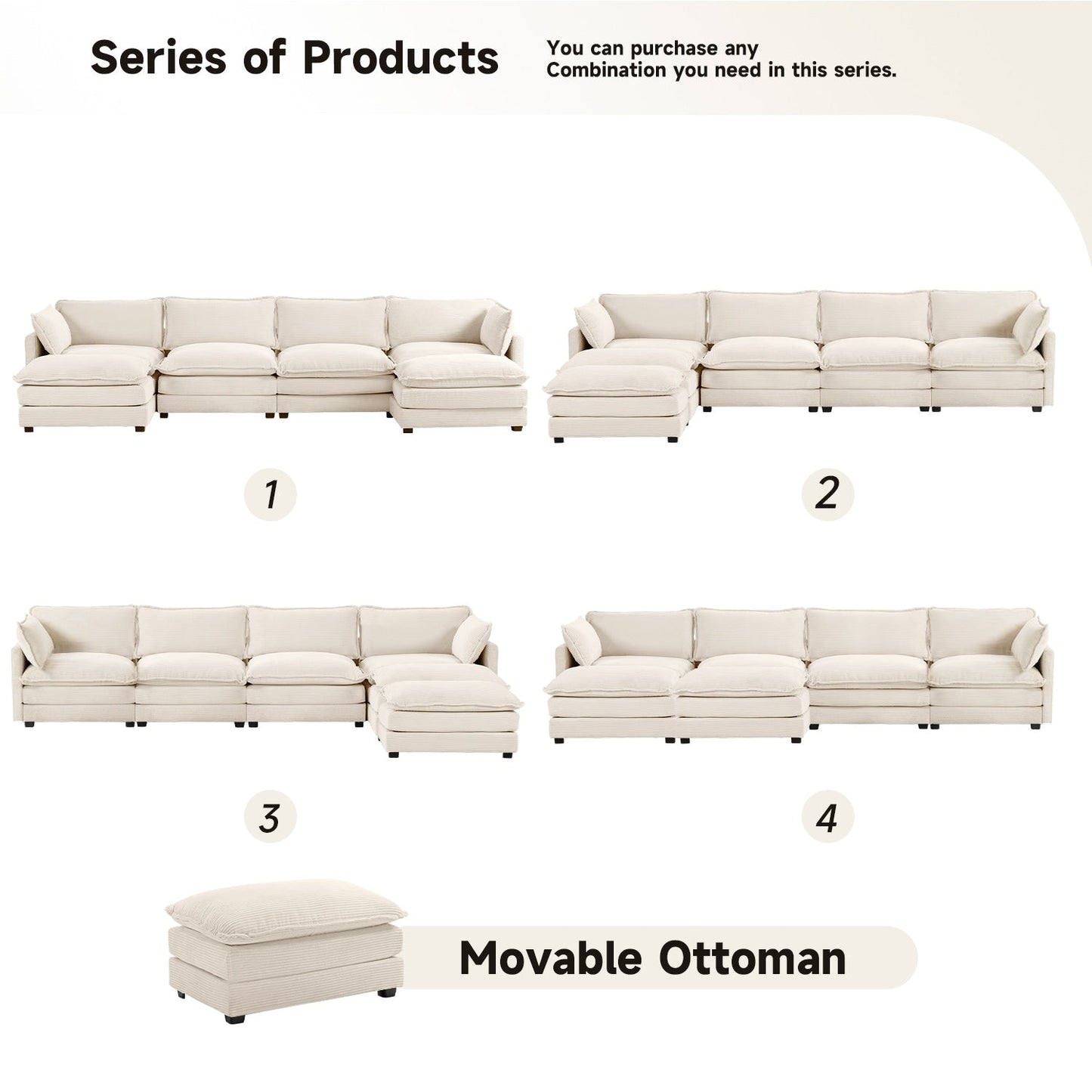 Canapé d'angle en velours côtelé avec ottomans amovibles et coussins ultra-doux pour le salon et la chambre à coucher