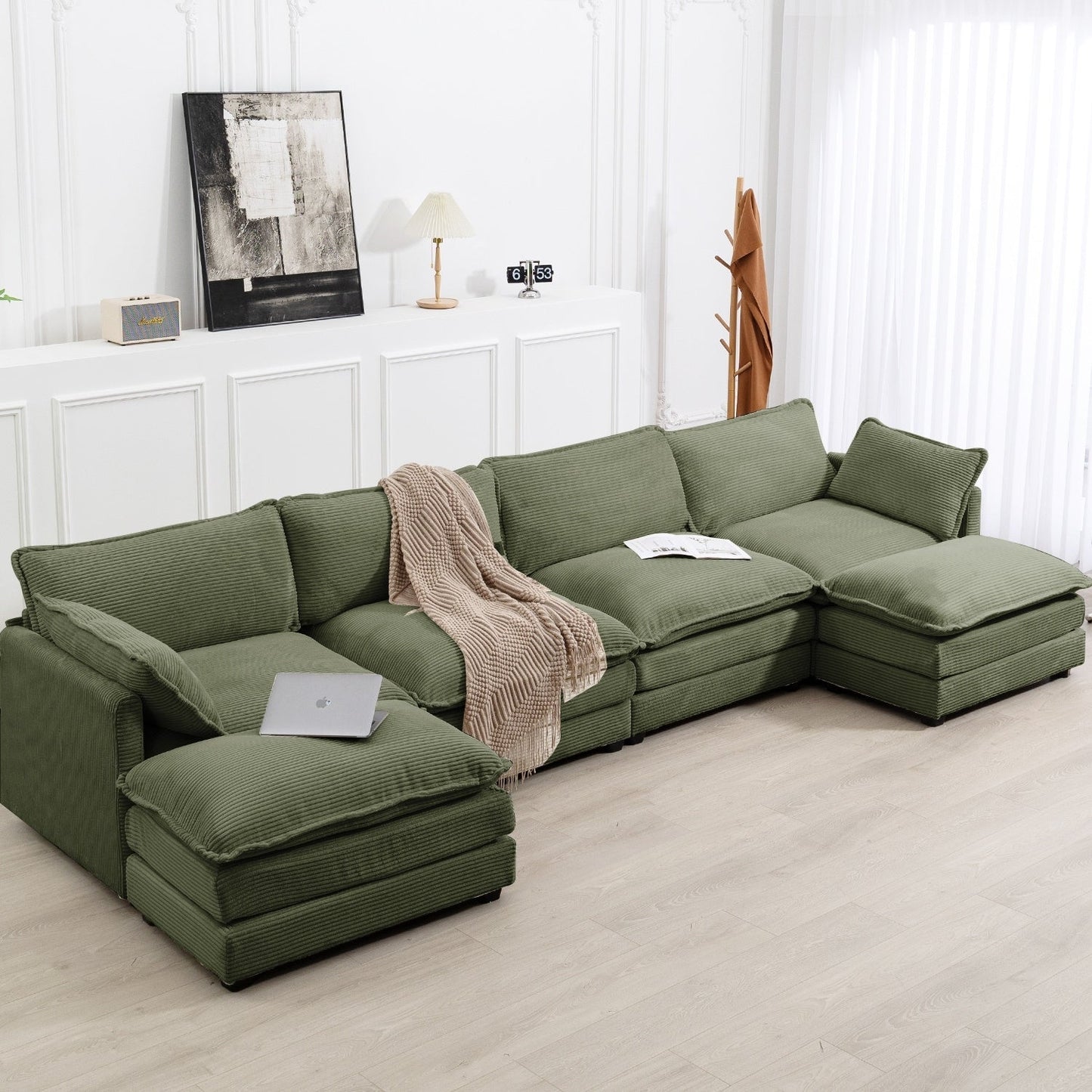 Canapé d'angle en velours côtelé avec ottomans amovibles et coussins ultra-doux pour le salon et la chambre à coucher