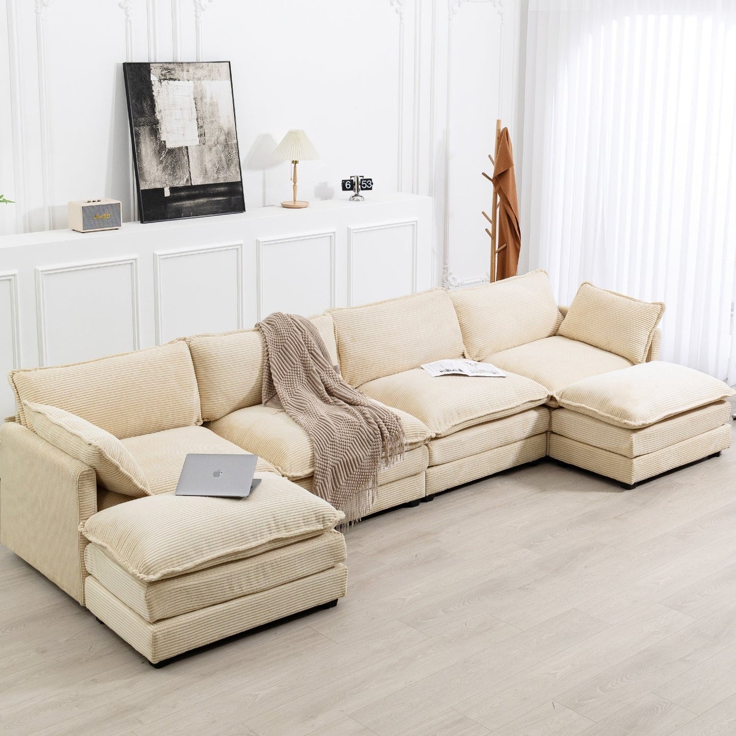 Canapé d'angle en velours côtelé avec ottomans amovibles et coussins ultra-doux pour le salon et la chambre à coucher