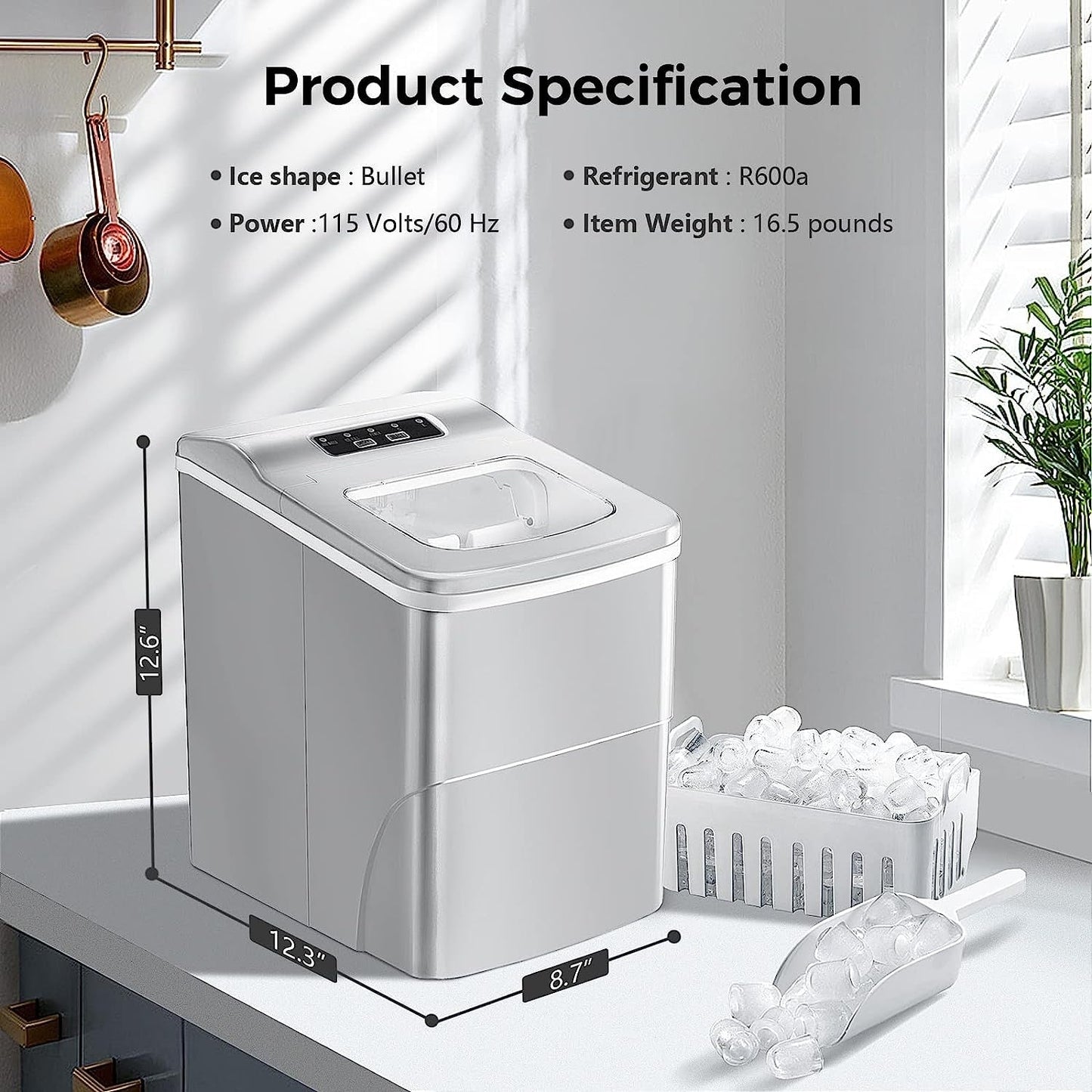 Machine à glaçons de comptoir, glaçons prêts en 6 à 8 minutes, avec pelle à glaçons et bac.