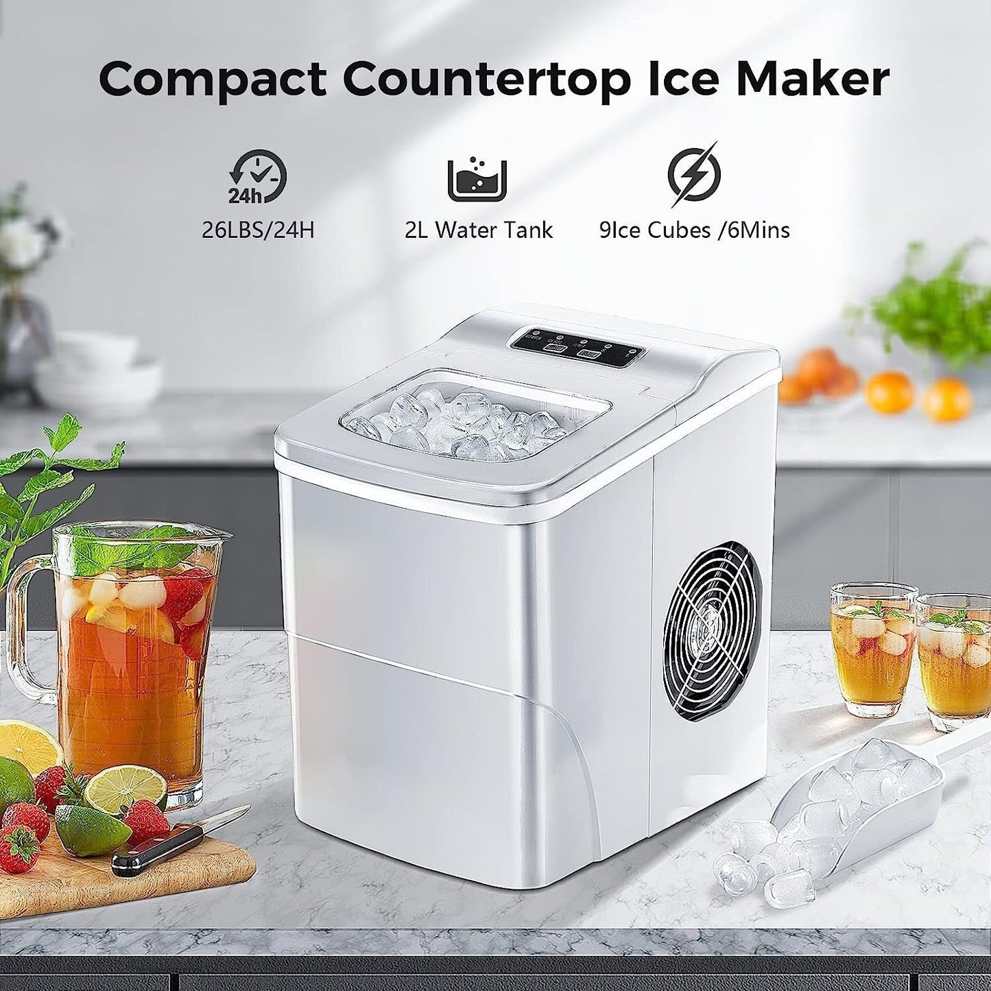 Machine à glaçons de comptoir, glaçons prêts en 6 à 8 minutes, avec pelle à glaçons et bac.
