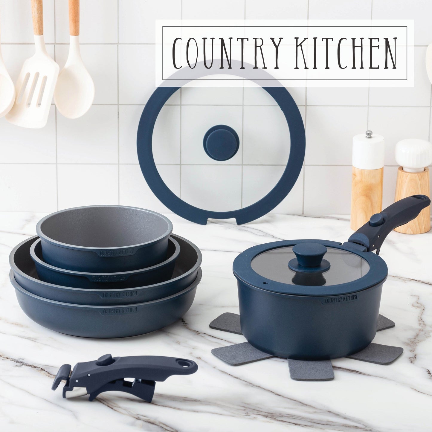 Service de cuisine Country Kitchen 16 pièces pour camping-car, céramique, avec poignées amovibles, adapté au four.