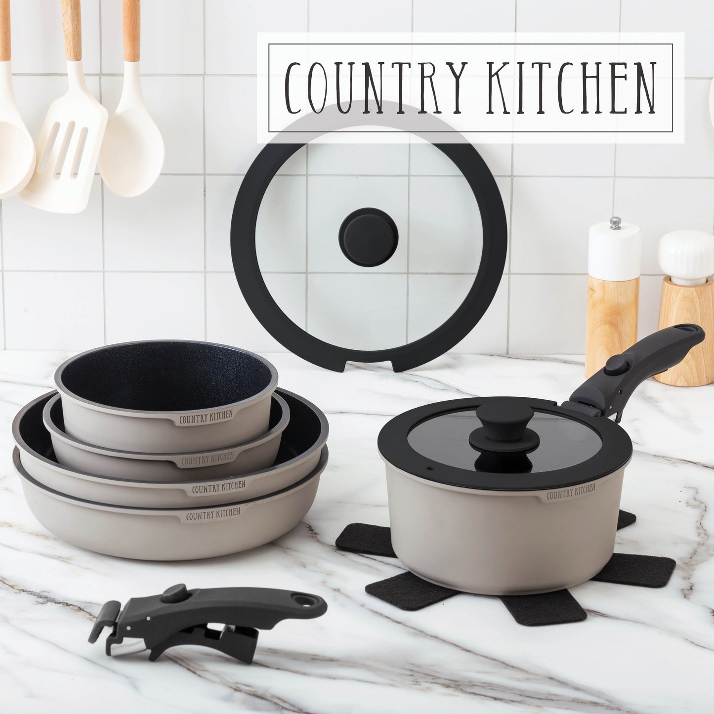 Service de cuisine Country Kitchen 16 pièces pour camping-car, céramique, avec poignées amovibles, adapté au four.