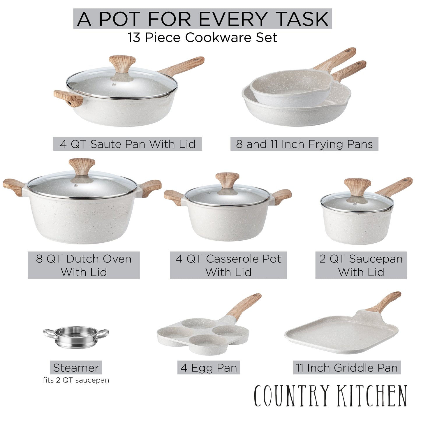 Country Kitchen - Ensemble de 13 pièces pour cuisinière à induction, en aluminium coulé, avec poignées en BAKÉLITE.