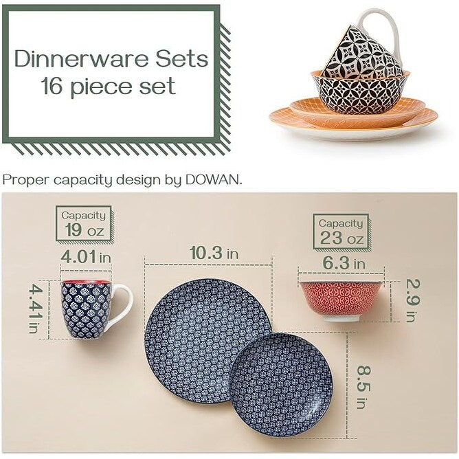 Service de vaisselle en céramique DOWAN, ensemble de 16 pièces pour 4 personnes, assiettes et bols décoratifs.