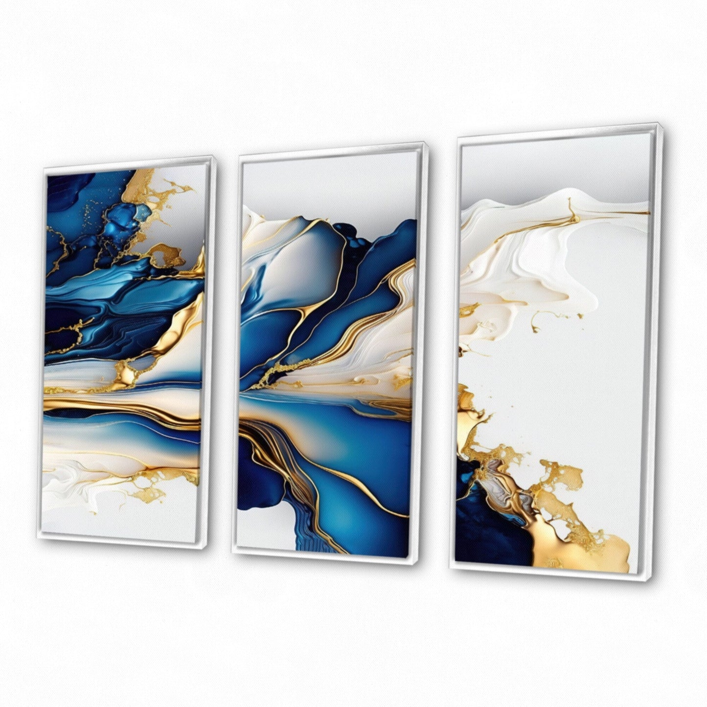 Designart Impression sur toile encadrée d'art abstrait géode, forme de marbre bleu et or III, géométrique moderne - 3 panneaux