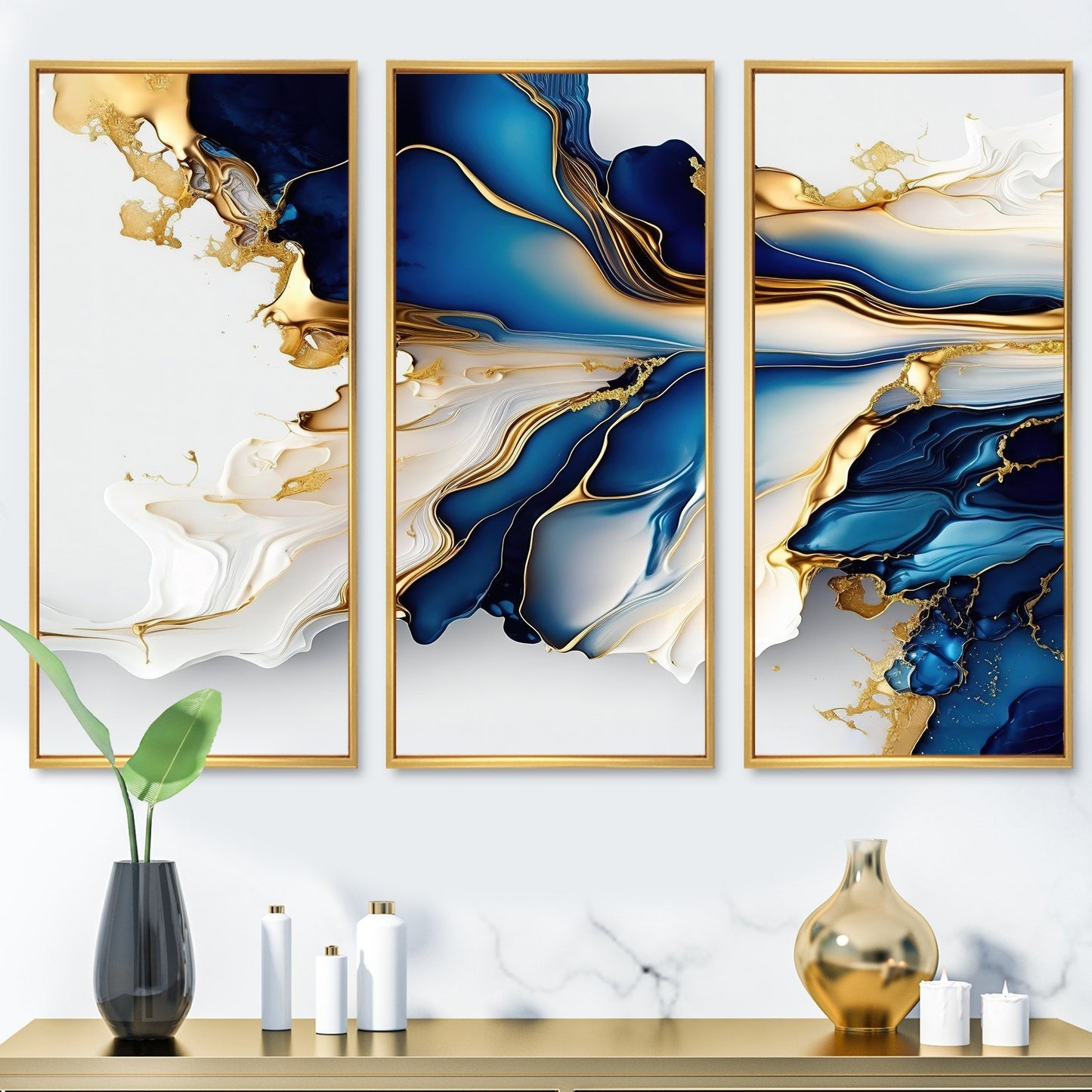 Designart Impression sur toile encadrée d'art abstrait géode, forme de marbre bleu et or III, géométrique moderne - 3 panneaux