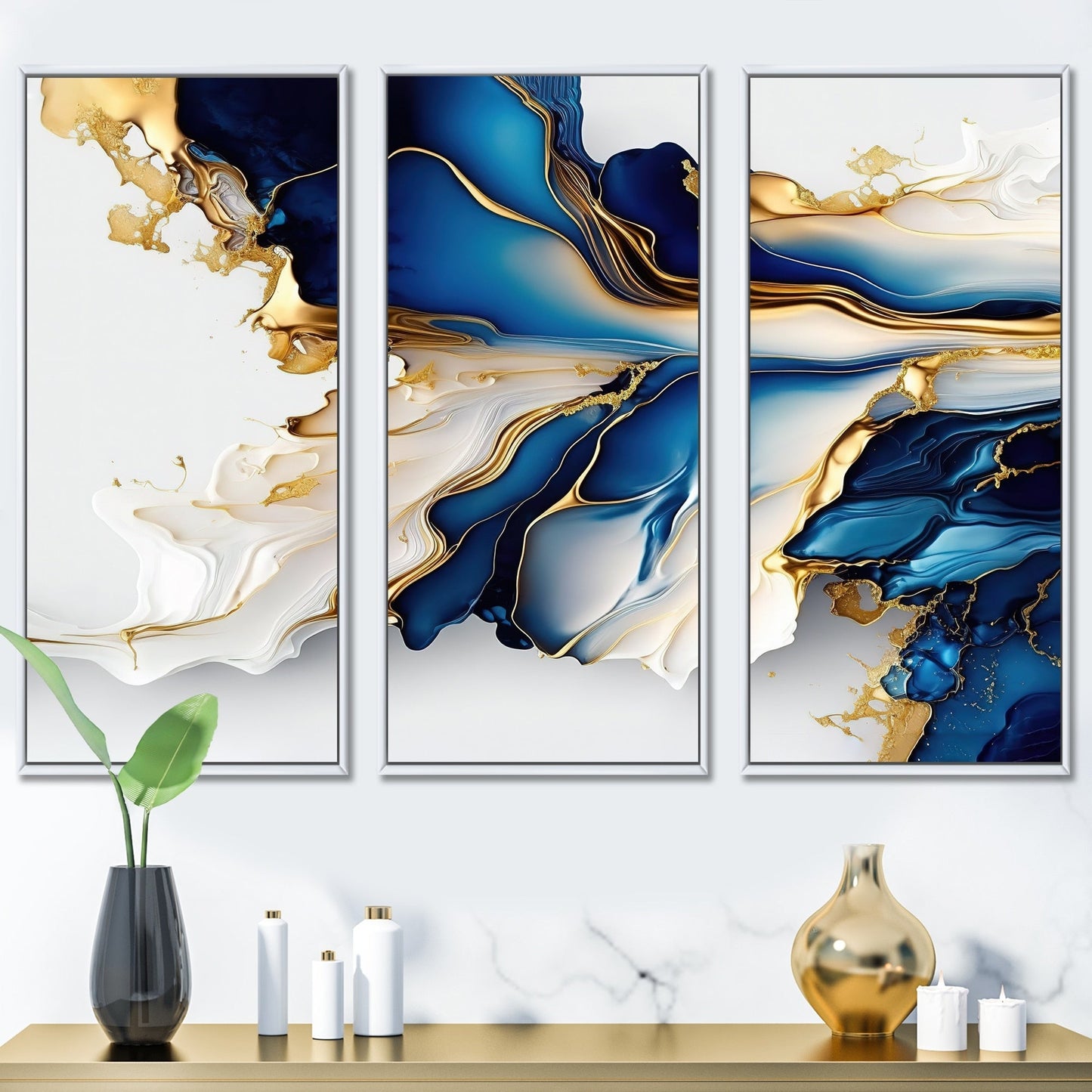 Designart Impression sur toile encadrée d'art abstrait géode, forme de marbre bleu et or III, géométrique moderne - 3 panneaux