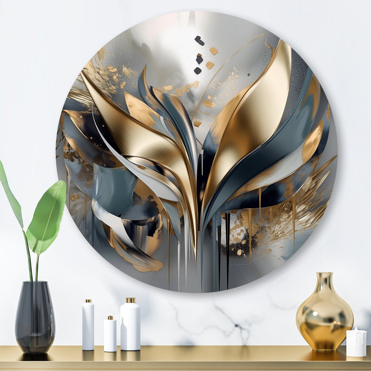 Designart Formes et lignes abstraites IV Art mural rond en métal et marbre abstrait