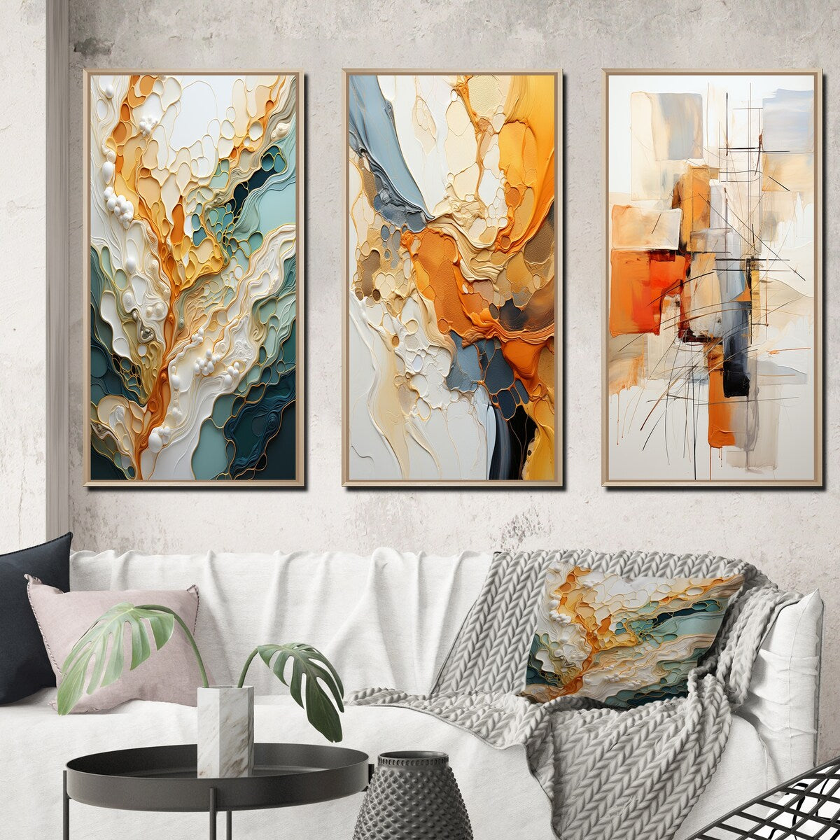 Designart Ensemble de 3 tableaux muraux encadrés représentant des lignes oranges et blanches, art abstrait organique, pour la décoration du salon.