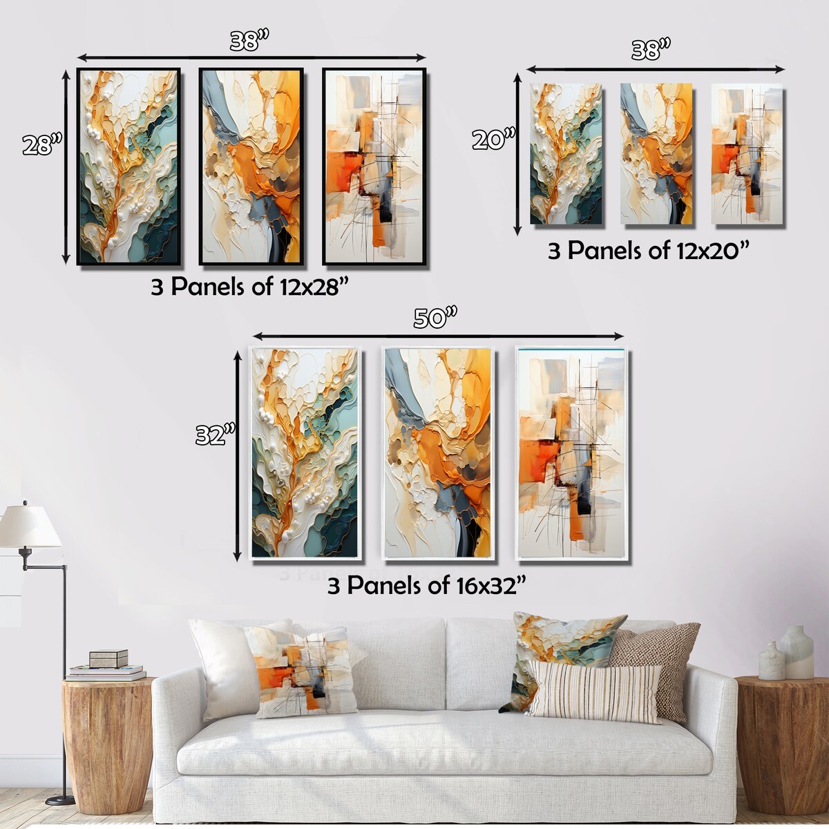 Designart Ensemble de 3 tableaux muraux encadrés représentant des lignes oranges et blanches, art abstrait organique, pour la décoration du salon.