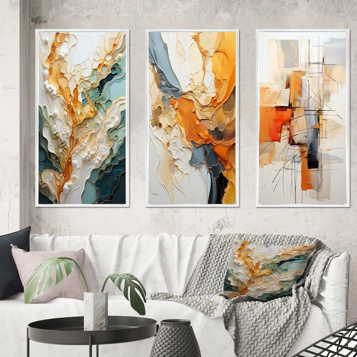Designart Ensemble de 3 tableaux muraux encadrés représentant des lignes oranges et blanches, art abstrait organique, pour la décoration du salon.