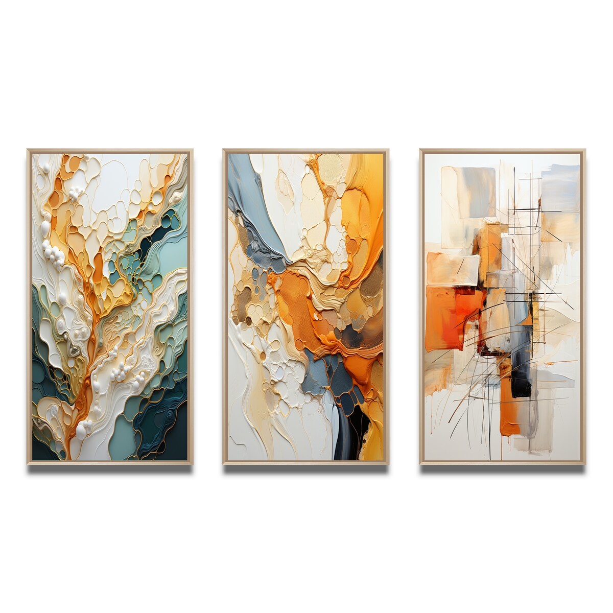 Designart Ensemble de 3 tableaux muraux encadrés représentant des lignes oranges et blanches, art abstrait organique, pour la décoration du salon.