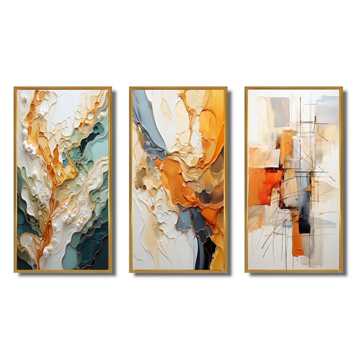 Designart Ensemble de 3 tableaux muraux encadrés représentant des lignes oranges et blanches, art abstrait organique, pour la décoration du salon.