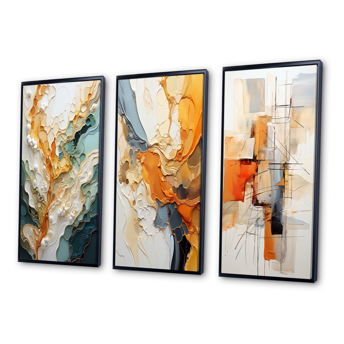 Designart Ensemble de 3 tableaux muraux encadrés représentant des lignes oranges et blanches, art abstrait organique, pour la décoration du salon.