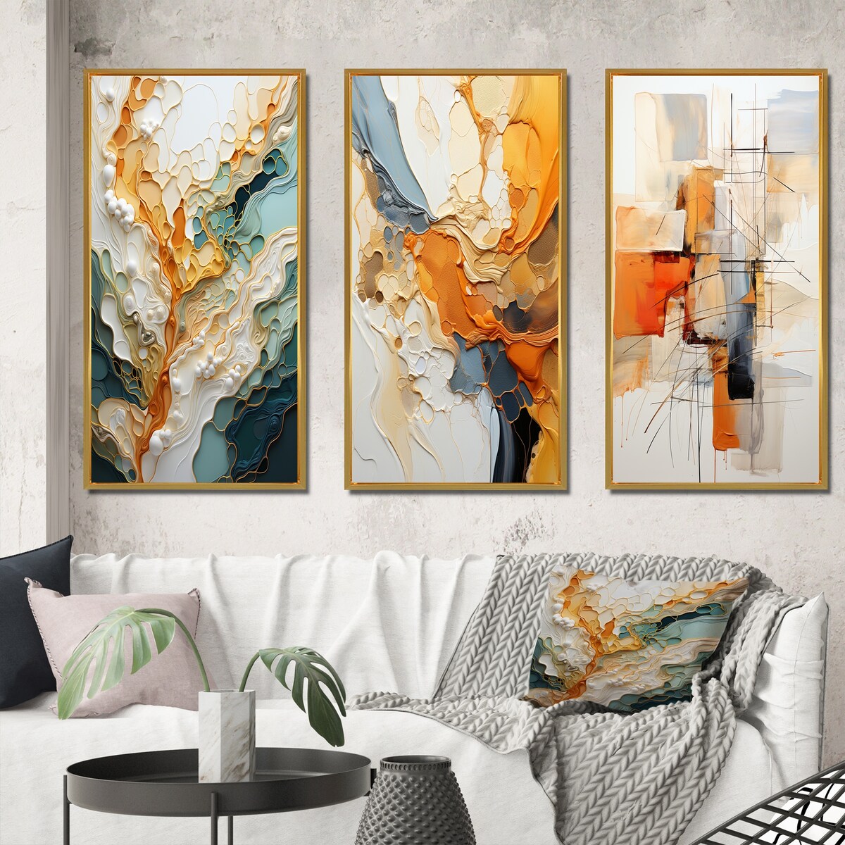 Designart Ensemble de 3 tableaux muraux encadrés représentant des lignes oranges et blanches, art abstrait organique, pour la décoration du salon.