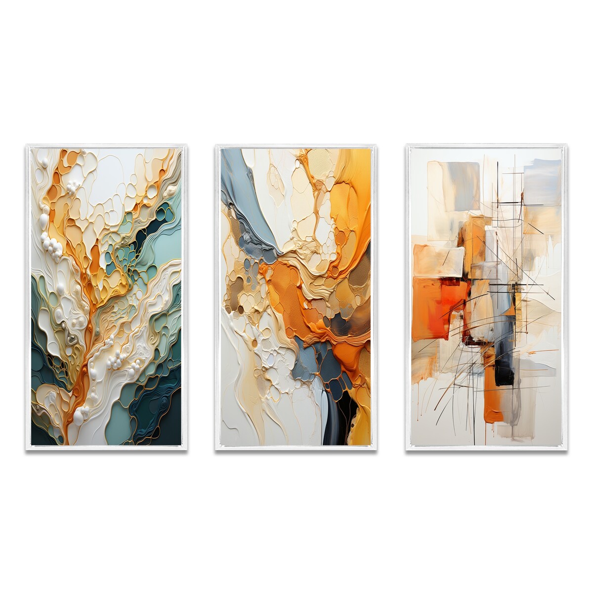 Designart Ensemble de 3 tableaux muraux encadrés représentant des lignes oranges et blanches, art abstrait organique, pour la décoration du salon.
